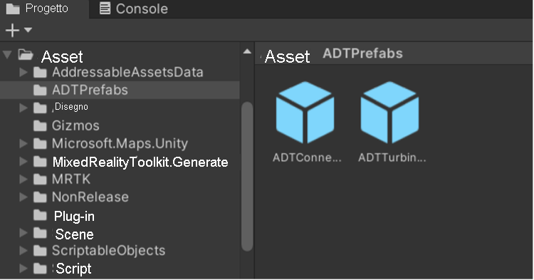 Screenshot degli oggetti prefab di Gemelli digitali di Azure nel pannello del progetto di Unity.