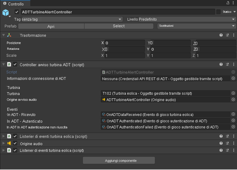 Screenshot del controller degli avvisi della turbina Gemelli digitali di Azure in Inspector (Controllo) di Unity.