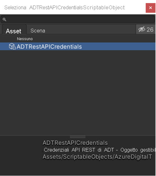 Screenshot dell'oggetto gestibile tramite script delle credenziali per l'API REST di Gemelli digitali di Azure nella cartella degli asset di Unity.