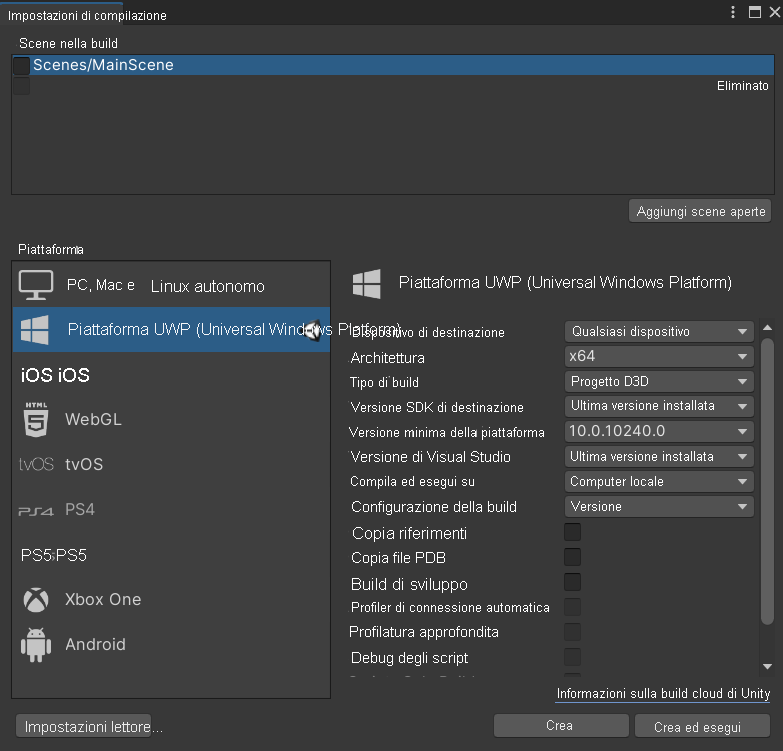 Screenshot della finestra delle impostazioni di compilazione di Unity aperta con la scena principale e le opzioni della piattaforma UWP (Universal Windows Platform) evidenziate.