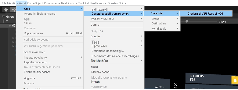 Screenshot del menu degli asset di Unity aperto che mostra la selezione del menu Crea > Oggetti gestibili tramite script > Credenziali > Credenziali dell'API REST di Gemelli digitali di Azure.