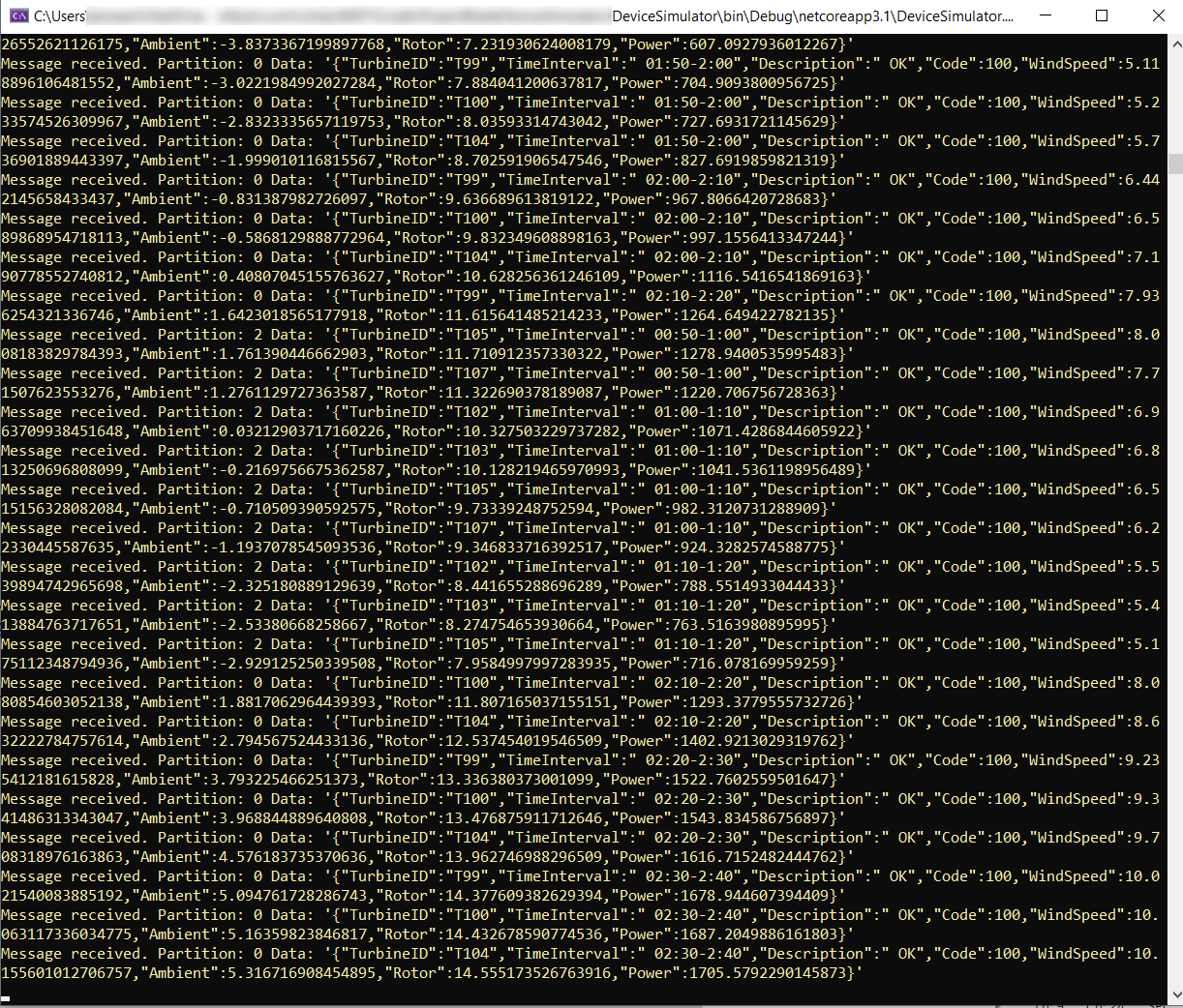 Screenshot della finestra di comando aperta e che esegue la soluzione del simulatore di dispositivi con i messaggi della console visualizzati dai dati IoT simulati.