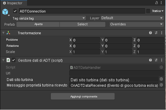 Screenshot di Unity Inspector con il prefab di controllo dell'avviso per la turbina di Gemelli digitali di Azure selezionato.