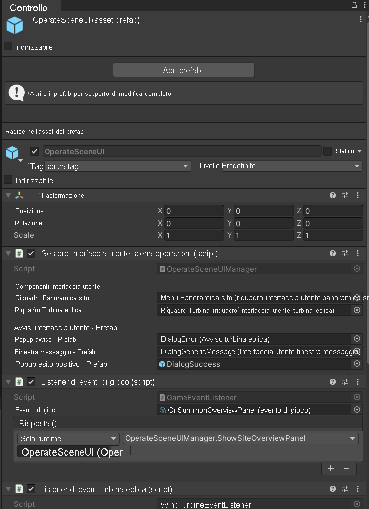 Screenshot dell'editor di Unity con il prefab dell'interfaccia utente della scena delle operazioni in esecuzione nella scena principale, con il prefab dell'interfaccia utente posizionato lontano dal terreno.