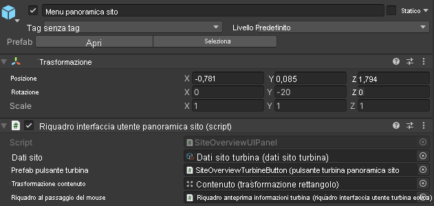 Screenshot dell'editor di Unity con il prefab dell'interfaccia utente della scena delle operazioni nella scena principale con il prefab dell'interfaccia utente più vicino al terreno.