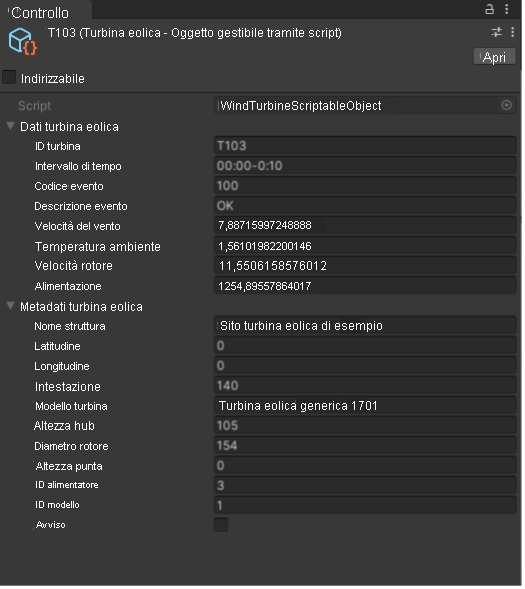 Screenshot di Inspector (Controllo) di Unity con un prefab della turbina selezionato.