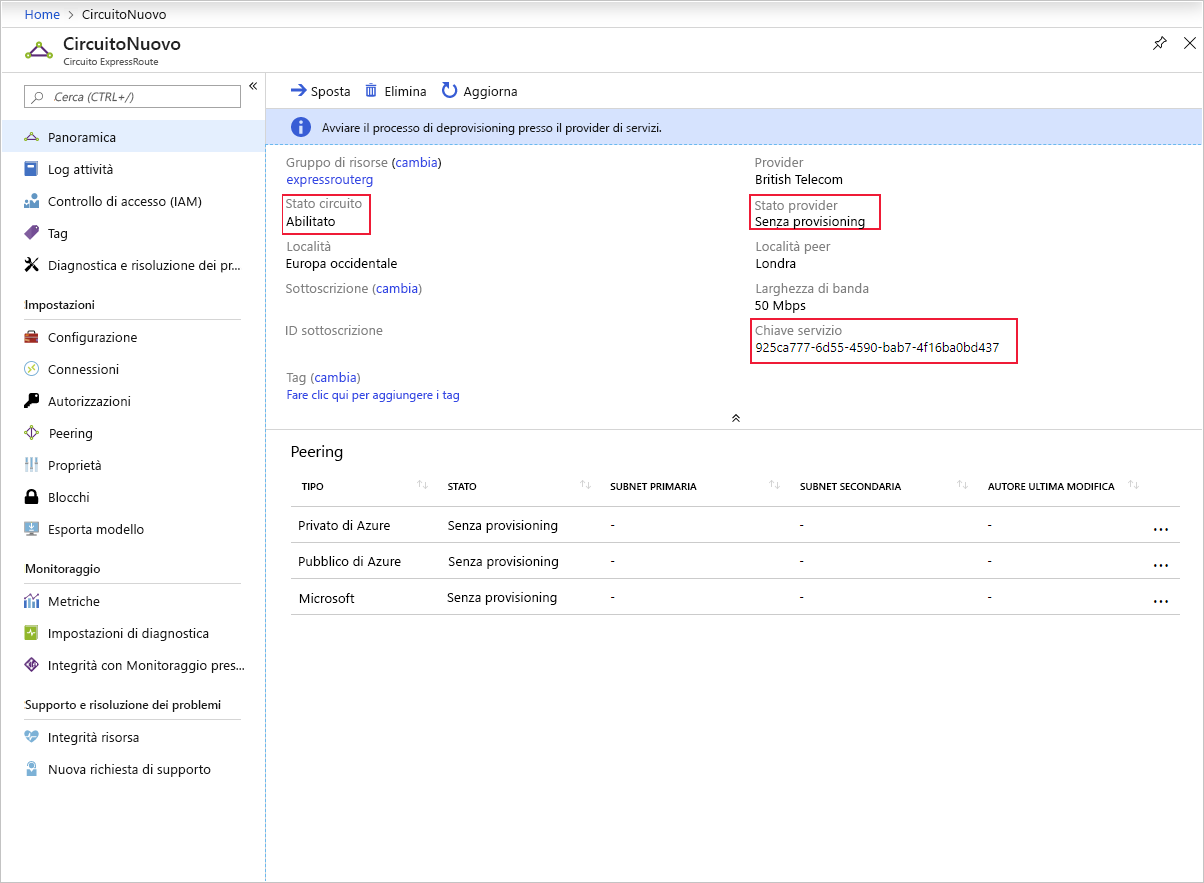 Screenshot of provisioning a circuit by using the Azure portal.