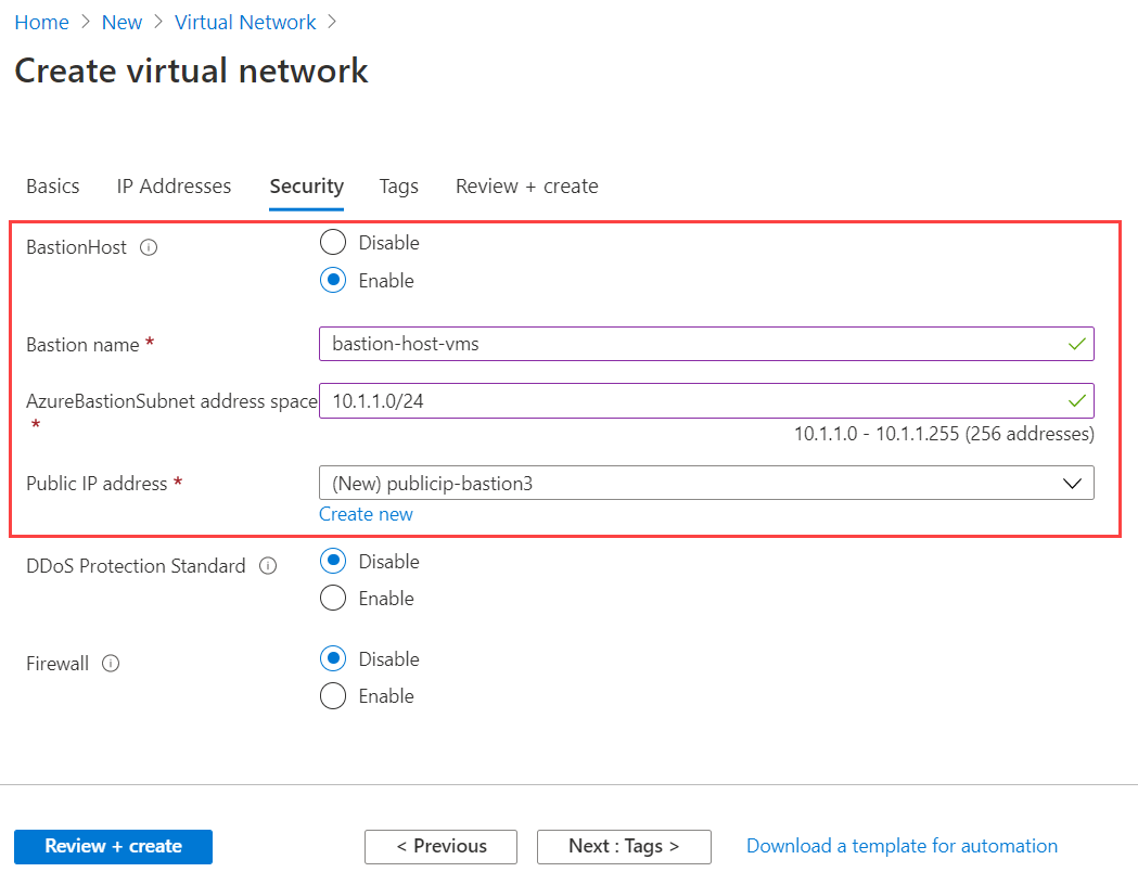 Screenshot della scheda Sicurezza che consente di abilitare e configurare l'host Azure Bastion nel flusso di lavoro per la creazione di una rete virtuale.