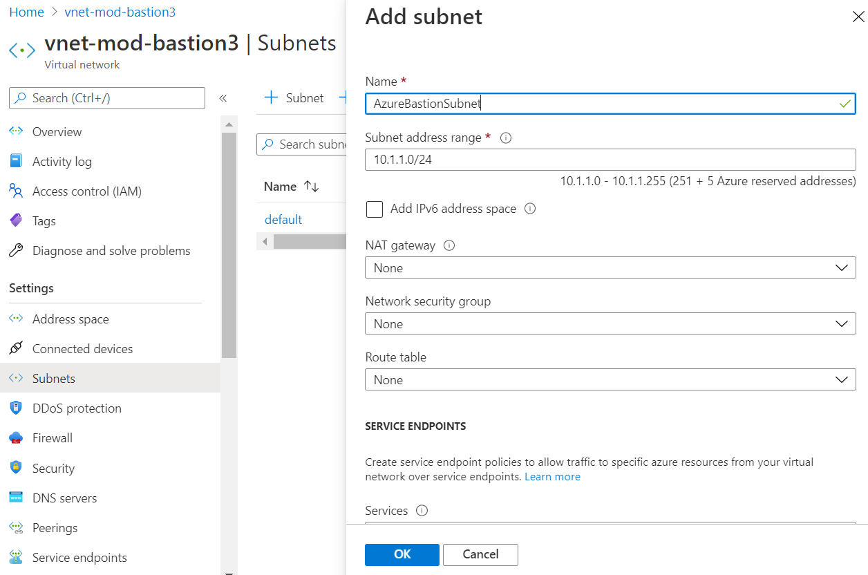 Screenshot della pagina per l'aggiunta di un subnet, in cui il nome della subnet è AzureBastionSubnet.