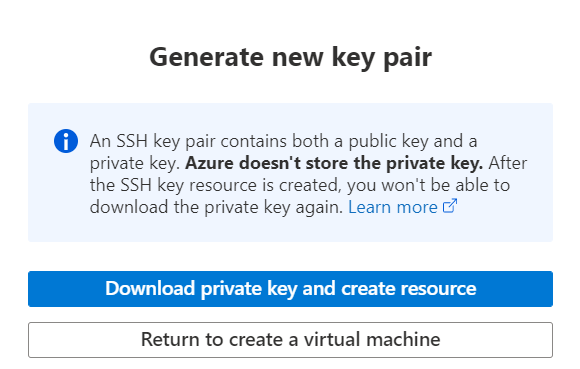 Screenshot della finestra Genera nuova coppia di chiavi con il pulsante Scarica la chiave privata e crea la risorsa evidenziato.
