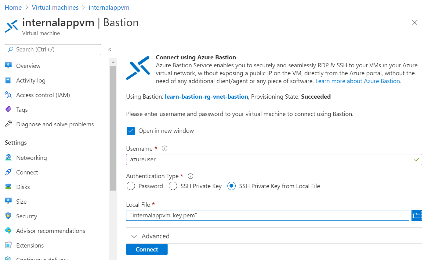 Screenshot della pagina di connessione di Azure Bastion con i campi del nome utente e del file locale compilati.