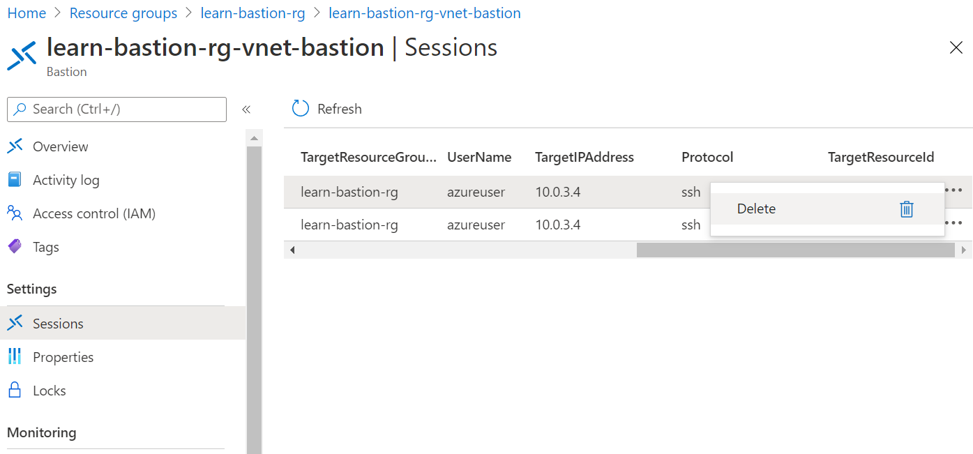 Screenshot della pagina Sessioni di Azure Bastion con l'opzione Elimina selezionata per una delle due sessioni.