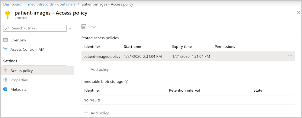 Screenshot del portale di Azure che mostra un criterio di accesso archiviato.