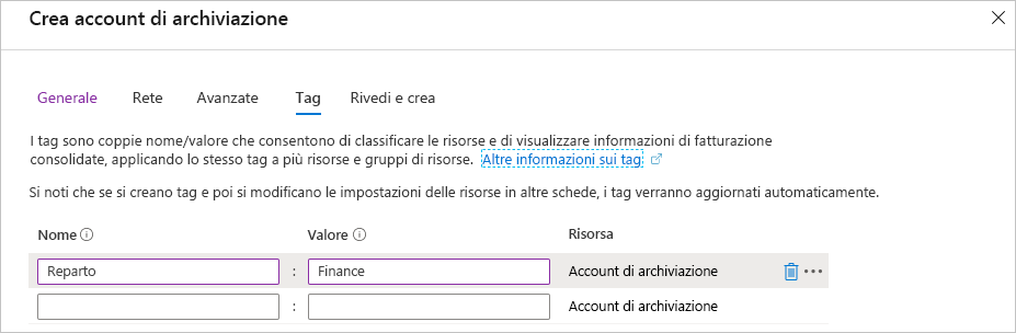 Screenshot del portale di Azure che mostra un nuovo tag del reparto da aggiungere durante la creazione.