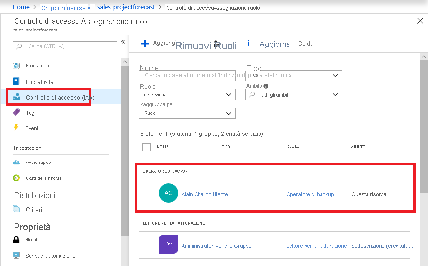 Screenshot del riquadro Controllo di accesso - Assegnazione di ruolo del portale di Azure che mostra i ruoli di operatore di backup e fatturazione per lettore assegnati a utenti diversi.