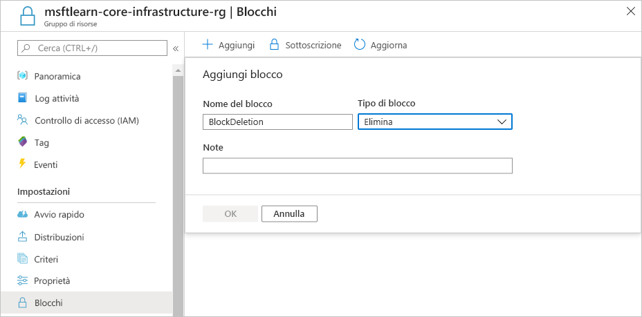 Screenshot del portale di Azure che mostra un nuovo blocco delle risorse per l'eliminazione in corso di configurazione.