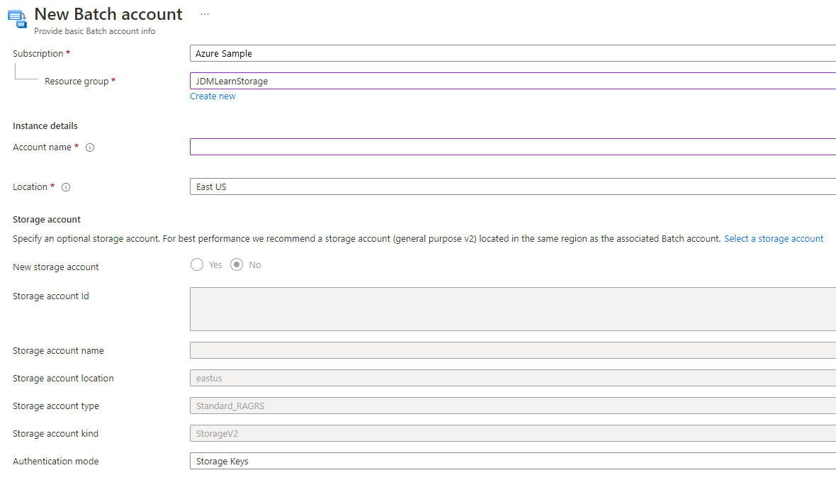 Screenshot that shows the new batch account form.