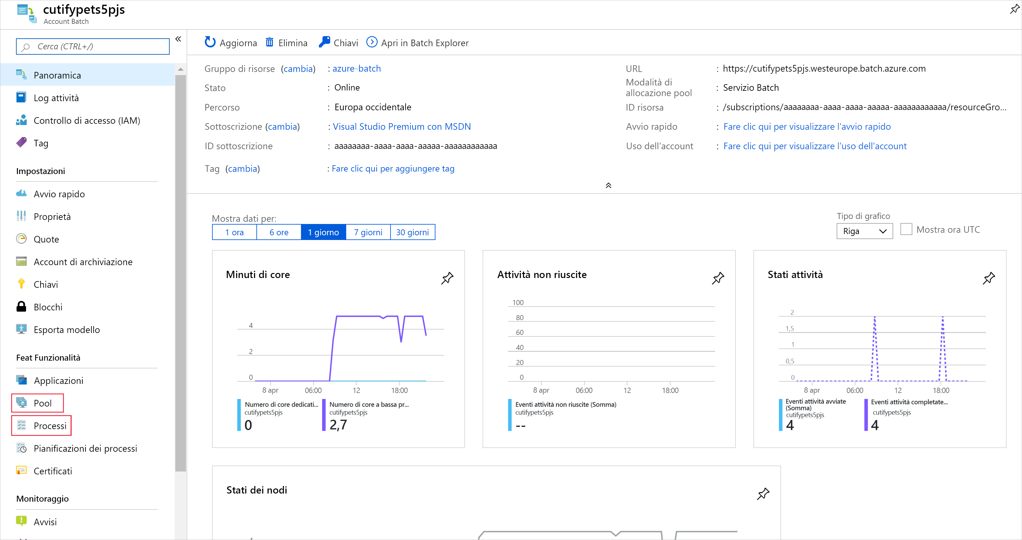 Screenshot of the Overview page of the Batch account.