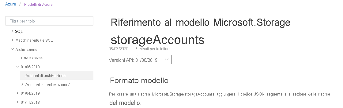 Screenshot di una pagina della documentazione Microsoft che mostra la documentazione per l'account di archiviazione selezionata.