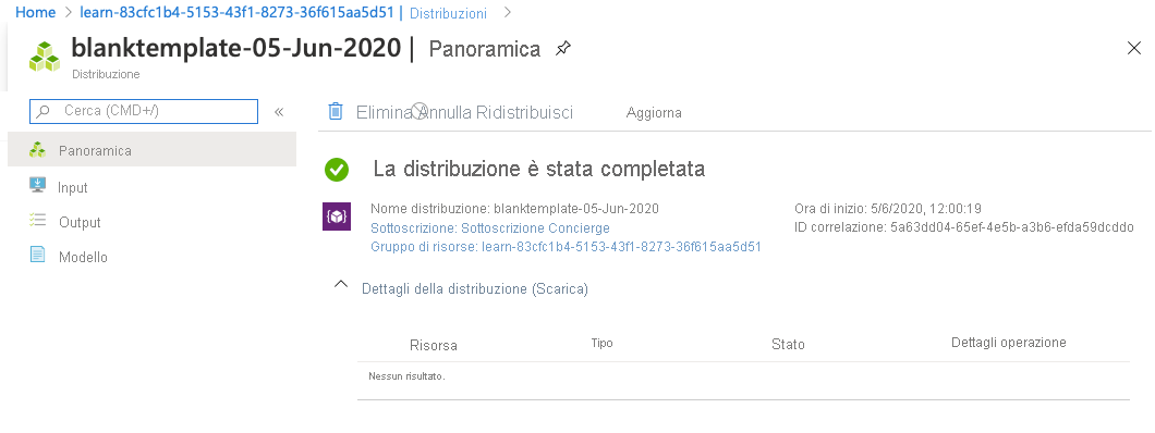 Interfaccia del portale di Azure per la distribuzione specifica senza risorse elencate.