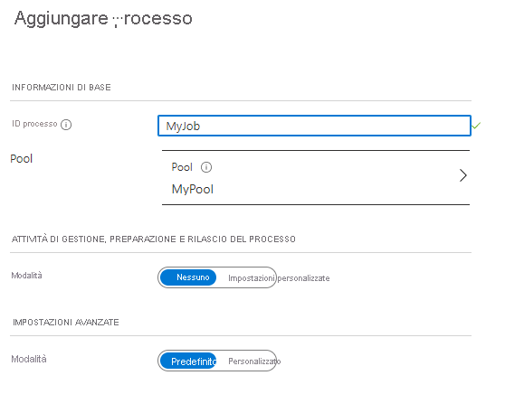 Screenshot della pagina di aggiunta di un processo nel portale di Azure.