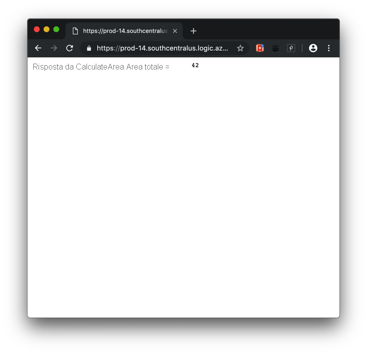 Screenshot del Web browser che visualizza la risposta dall'app denominata CalculateArea.