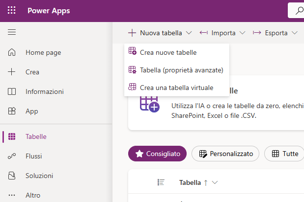 Screenshot della creazione di una nuova tabella in Dataverse.