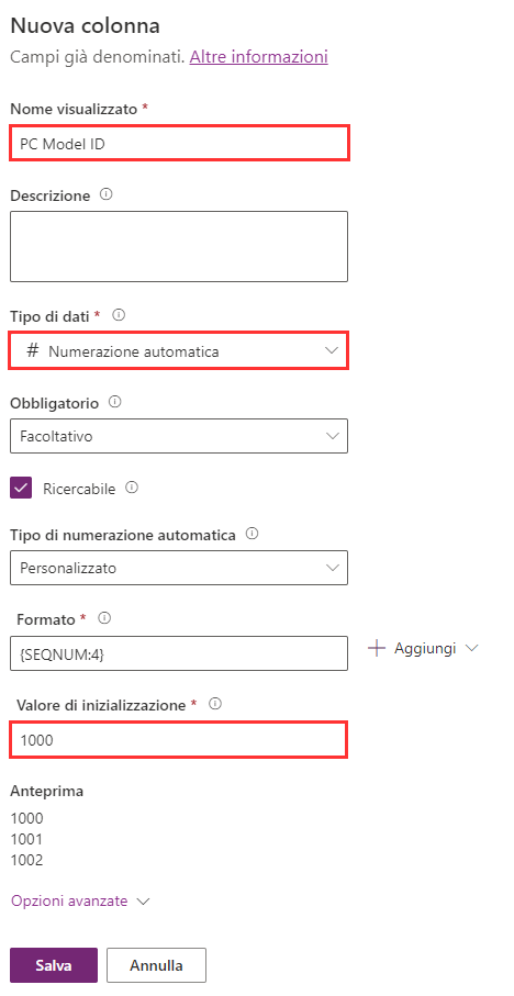 Screenshot di Tipo di dati, Formato e Valore di inizializzazione.