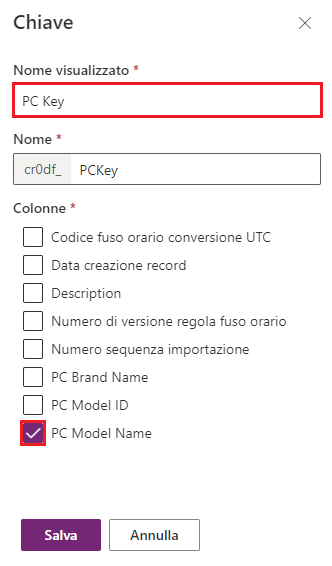 Screenshot di Chiave PC con il campo Nome visualizzato e la colonna Nome modello PC selezionati.