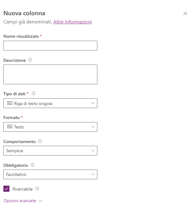 Screenshot delle proprietà della colonna nella finestra di dialogo Crea colonna.