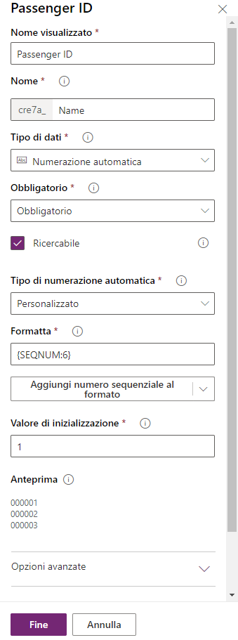 Screenshot dell'ID passeggero con Numerazione automatica, Personalizzato, SEQNUM:6 e 1 come valori per i diversi campi.