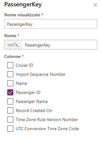 Screenshot della finestra di dialogo Chiave con la colonna ID passeggero selezionata.