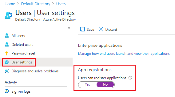 Screenshot che mostra l'opzione relativa agli utenti di Microsoft Entra con registrazioni app impostata su No.
