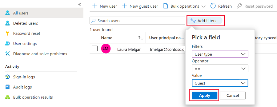 Screenshot del portale di Azure che mostra il filtro di Microsoft Entra ID per gli utenti guest.