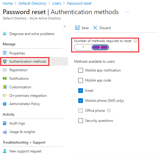 Screenshot del portale di Azure che mostra il riquadro dei metodi di autenticazione per la reimpostazione della password di Microsoft Entra con il numero di metodi necessari impostato su 2.