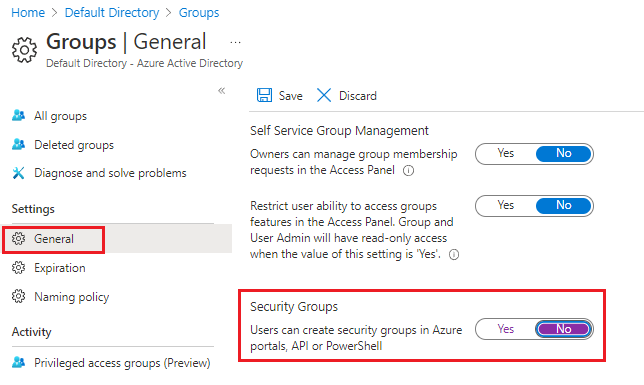Screenshot che mostra il riquadro di impostazioni generali per i gruppi con l'opzione Gli utenti possono creare gruppi di sicurezza impostata su No.