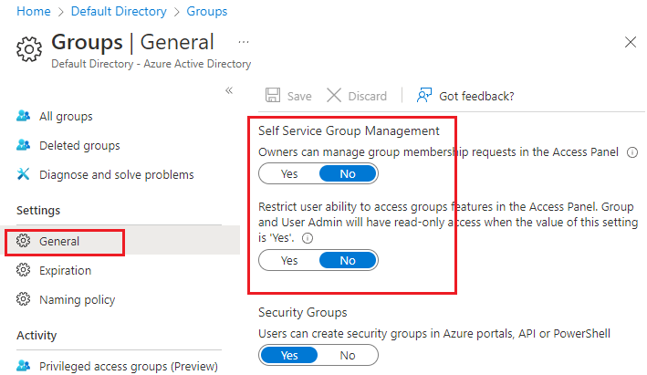 Screenshot che mostra le opzioni per i gruppi self-service di Microsoft Entra impostate su No.