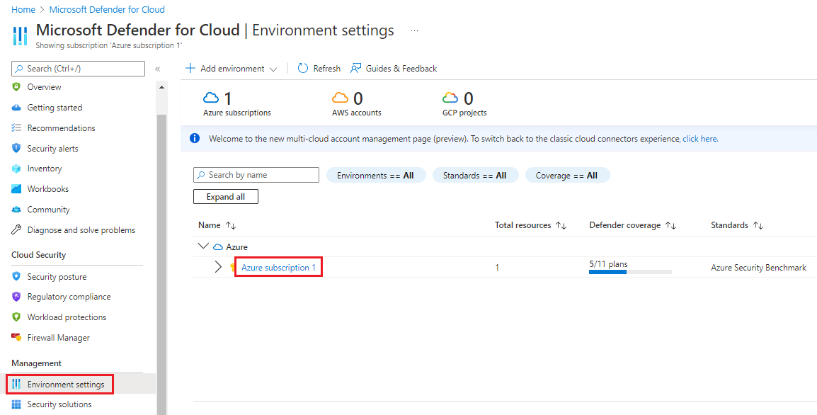 Screenshot che mostra le impostazioni dell'ambiente per Defender per il cloud.