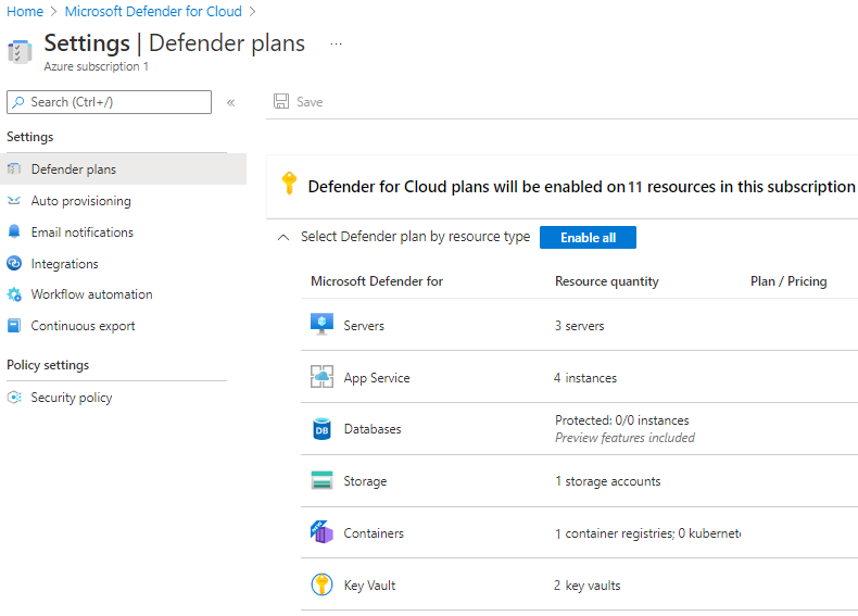 Screenshot che mostra i criteri di sicurezza integrati per Defender per il cloud.