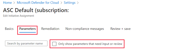 Screenshot che mostra la scheda Parametri e la casella di controllo Mostra solo i parametri che richiedono input o revisione deselezionata.