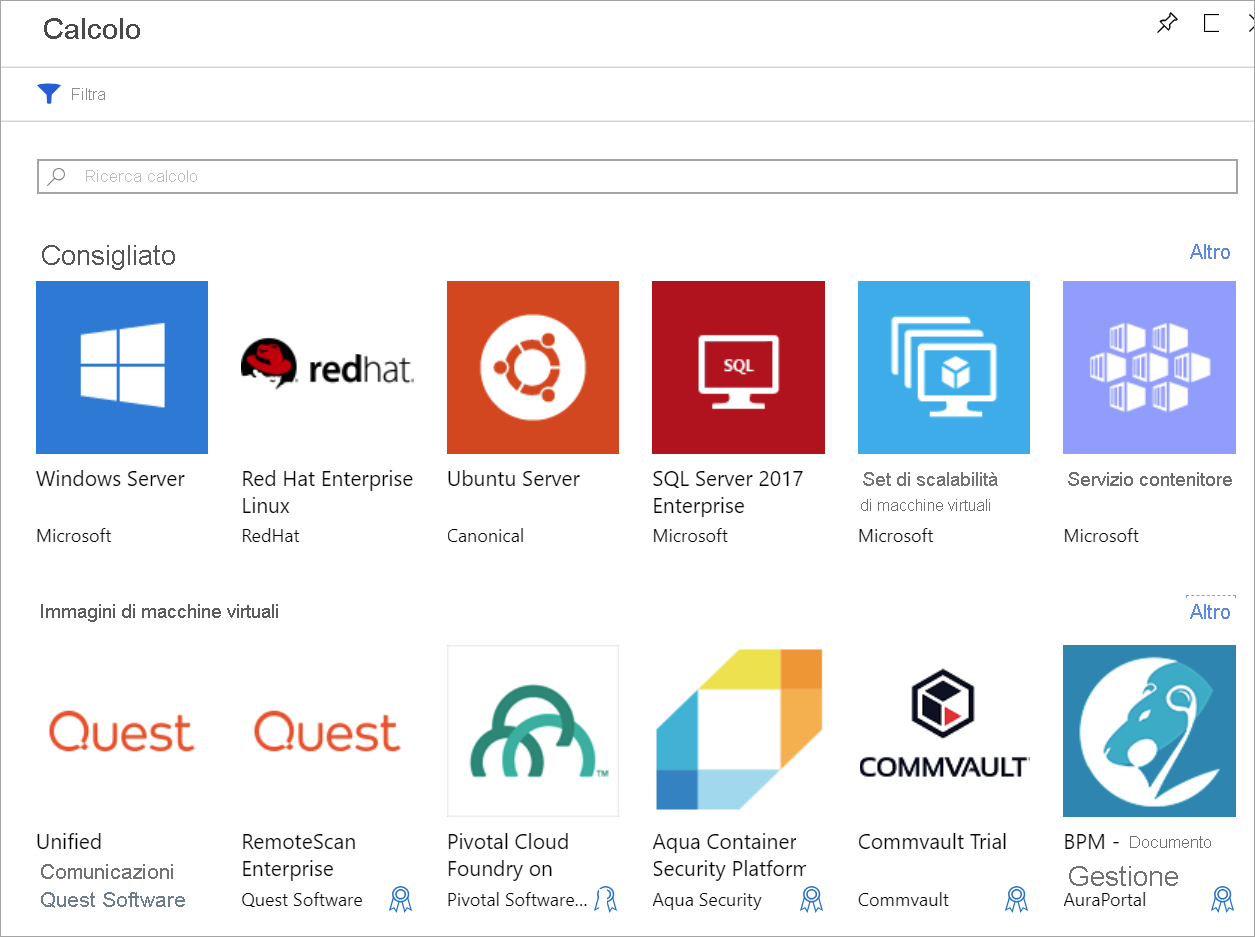 Screenshot che mostra l'elenco di macchine virtuali in Azure Marketplace.