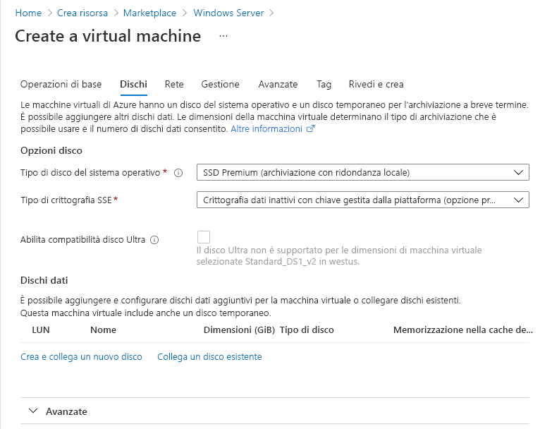 Screenshot che mostra la sezione dei dischi configurati per la VM.