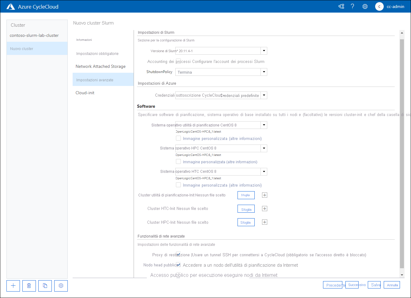 Screenshot of the Advanced Settings tab of the New Slurm Cluster page of the Azure CycleCloud web application.