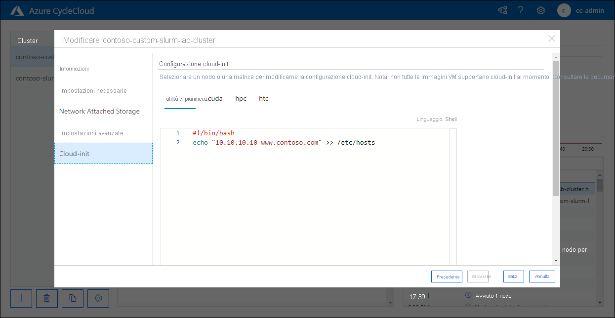 Screenshot of the Cloud-init tab of the Edit contoso-custom-slurm-lab-cluster pop-up window in the Azure CycleCloud web application.