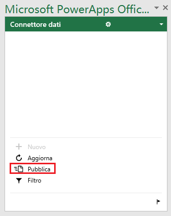 Screenshot della finestra di dialogo Connettore dati di Power Apps con un rettangolo attorno a Pubblica.