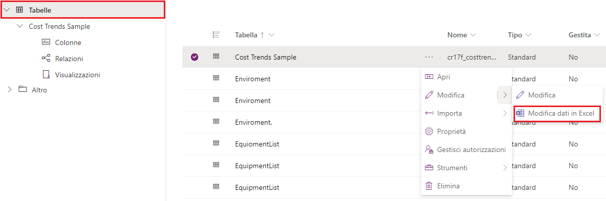 Screenshot della finestra di dialogo Tabelle di Power Apps con un rettangolo attorno a Tabelle e Modifica dati in Excel.