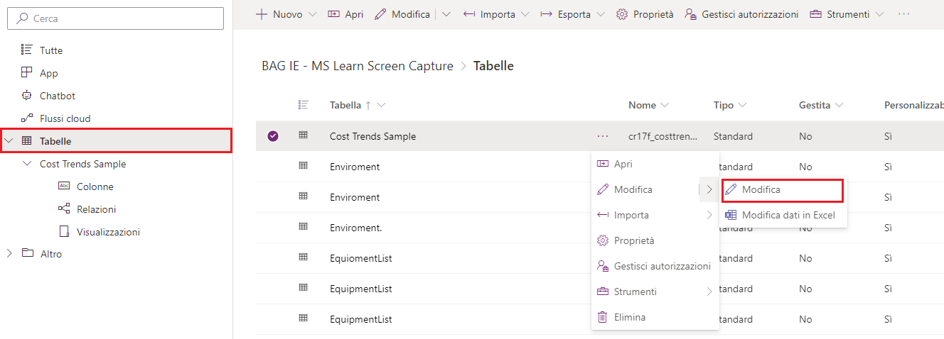 Screenshot della finestra di dialogo Tabelle di Power Apps con un rettangolo attorno a Tabelle e Modifica dati.