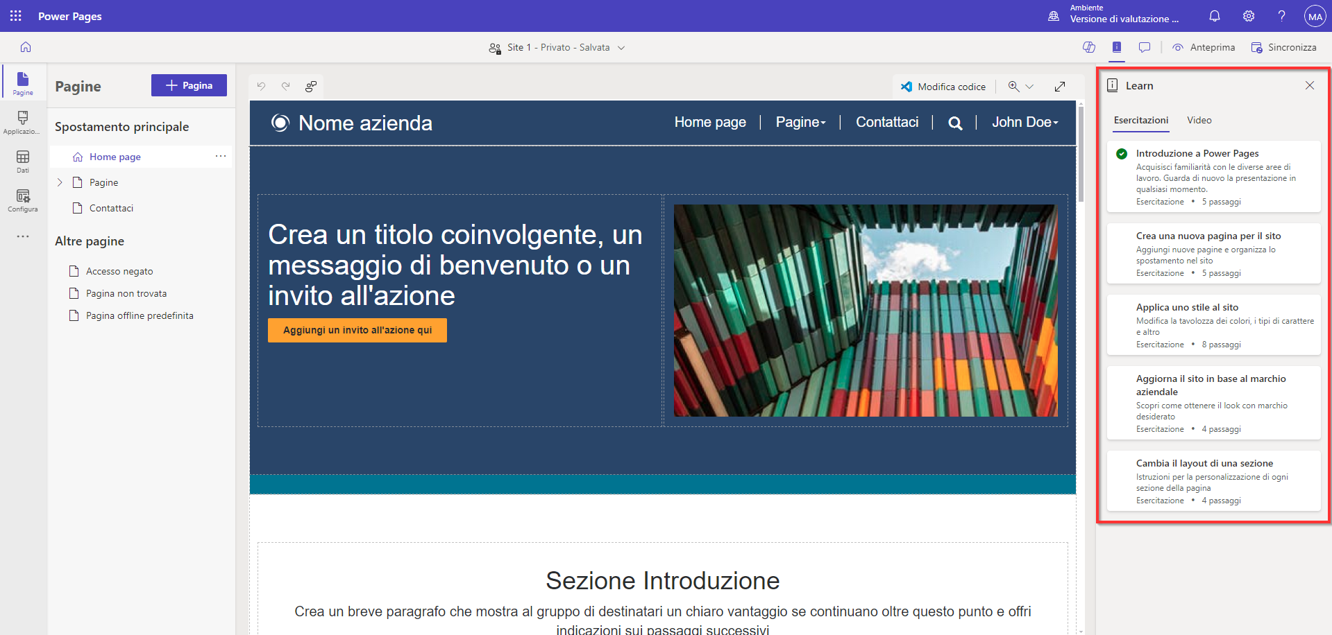 Screenshot di un'esperienza di progettazione con l'hub di apprendimento.