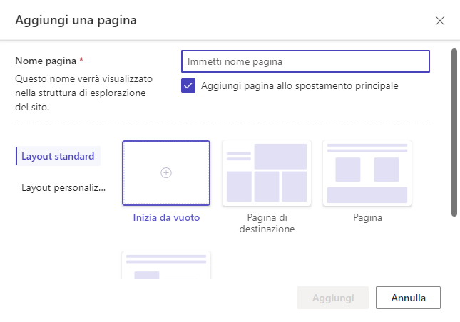 Screenshot della pagina che permette all'utente di definire se iniziare da un modello specifico o da un modello vuoto per creare la pagina.