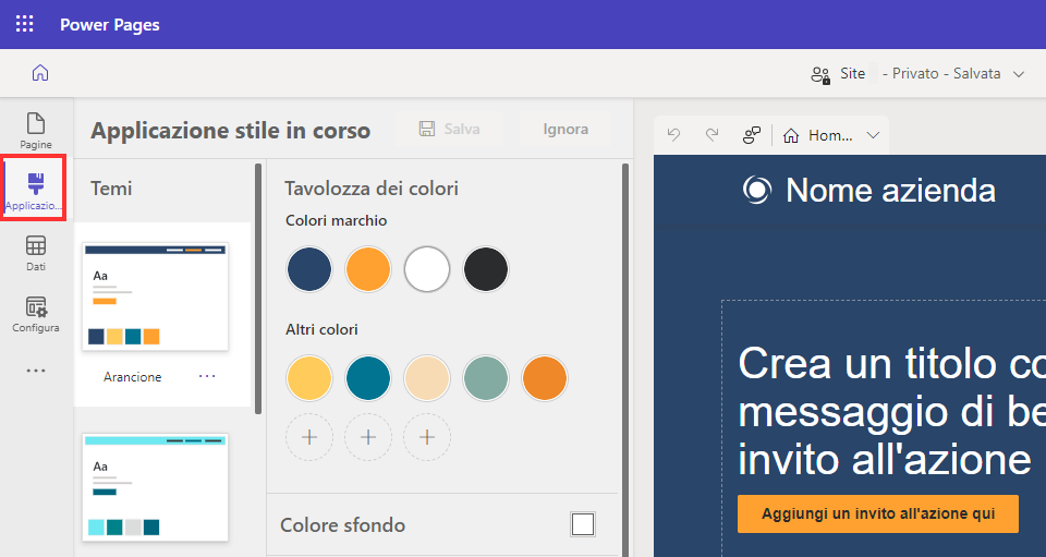 Screenshot dell'area di lavoro Stile che permette agli utenti di definire i temi e la tavolozza dei colori.